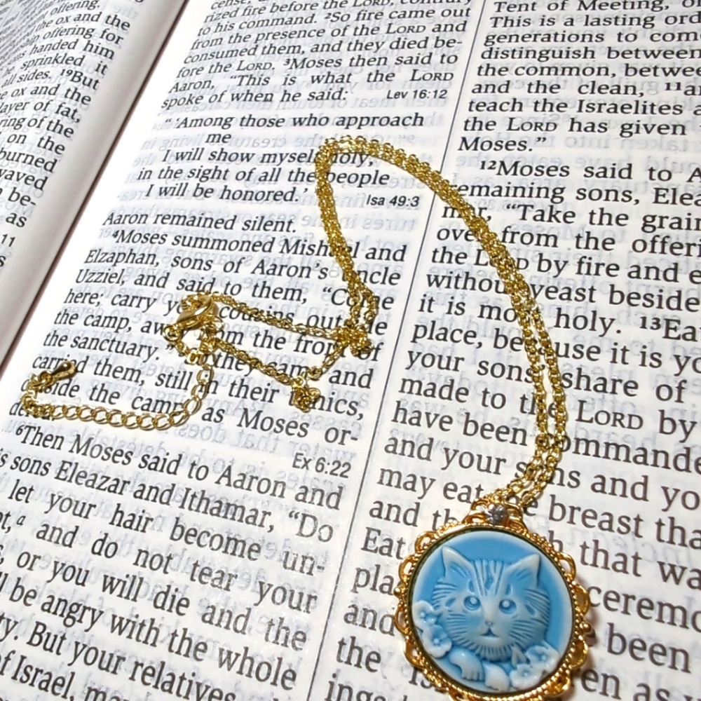 Cameo KITTY CAT NWOT  NECKLACE PENDANT Blue/White 18K Gold PLATE CHAIN NWOT - Picture 9 of 10